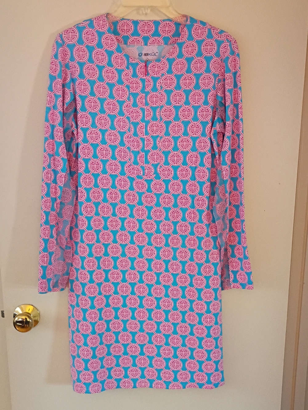 IBKUL Long Sleeve Shift Dress in Pink and Blue Geometric Print